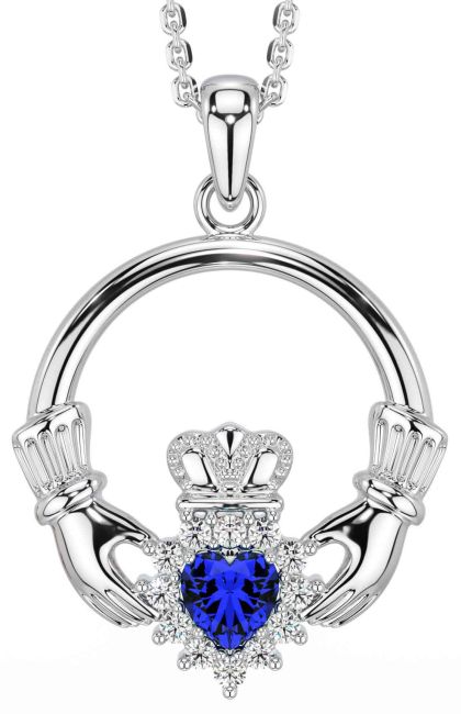 Diamond Sapphire White Gold Claddagh Necklace