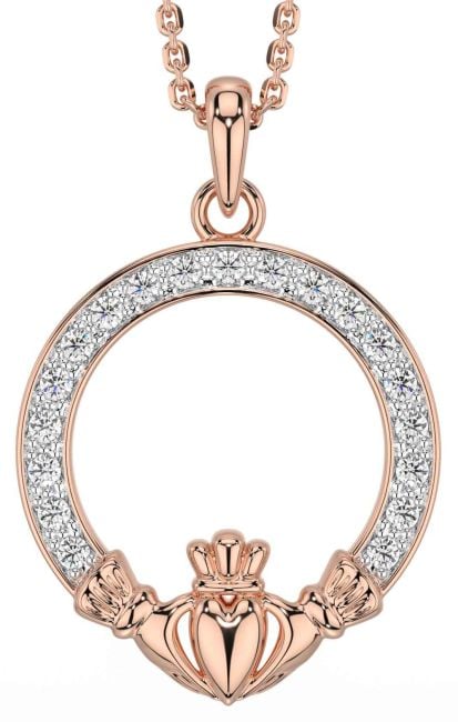 Diamond Rose Gold Silver Claddagh Necklace