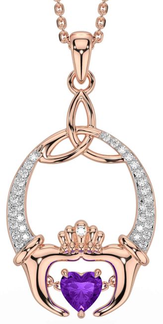 Diamond Amethyst Rose Gold Silver Claddagh Trinity Knot Necklace