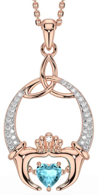 Diamond Aquamarine Rose Gold Silver Claddagh Trinity Knot Necklace