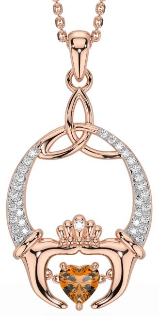 Diamond Citrine Rose Gold Silver Claddagh Trinity Knot Necklace