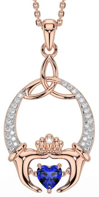 Diamond Sapphire Rose Gold Silver Claddagh Trinity Knot Necklace