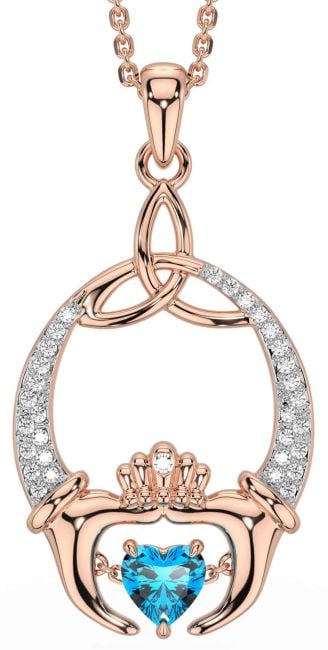 Diamond Topaz Rose Gold Silver Claddagh Trinity Knot Necklace