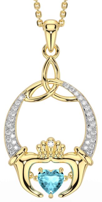 Diamond Aquamarine Gold Silver Claddagh Trinity Knot Necklace