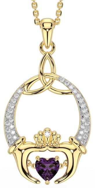 Diamond Alexandrite Gold Silver Claddagh Trinity Knot Necklace