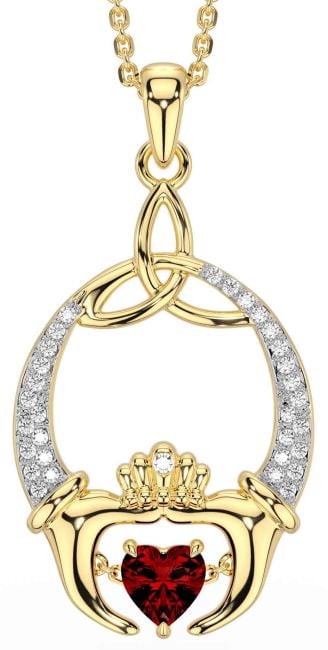 Diamond Garnet Gold Silver Claddagh Trinity Knot Necklace