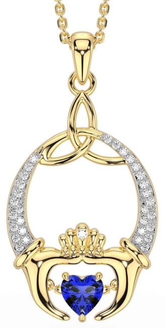 Diamond Sapphire Gold Silver Claddagh Trinity Knot Necklace