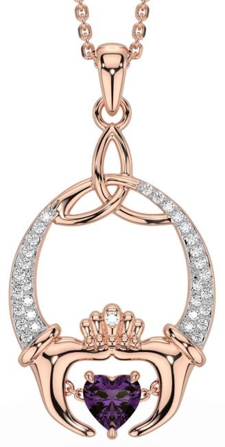 Diamond Alexandrite Rose Gold Claddagh Trinity Knot Necklace