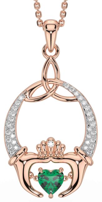 Diamond Emerald Rose Gold Claddagh Trinity Knot Necklace