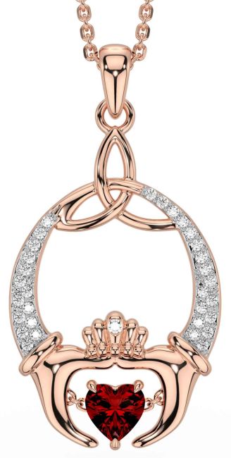 Diamond Garnet Rose Gold Claddagh Trinity Knot Necklace