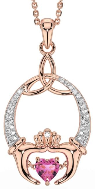 Diamond Pink Tourmaline Rose Gold Claddagh Trinity Knot Necklace
