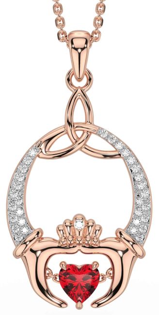 Diamond Ruby Rose Gold Claddagh Trinity Knot Necklace