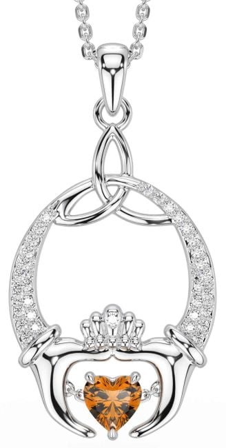 Diamond Citrine Silver Claddagh Trinity Knot Necklace