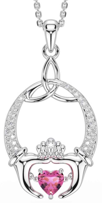 Diamond Pink Tourmaline Silver Claddagh Trinity Knot Necklace