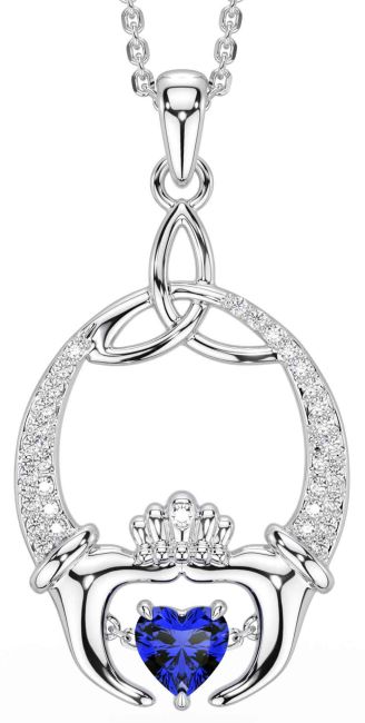 Diamond Sapphire Silver Claddagh Trinity Knot Necklace