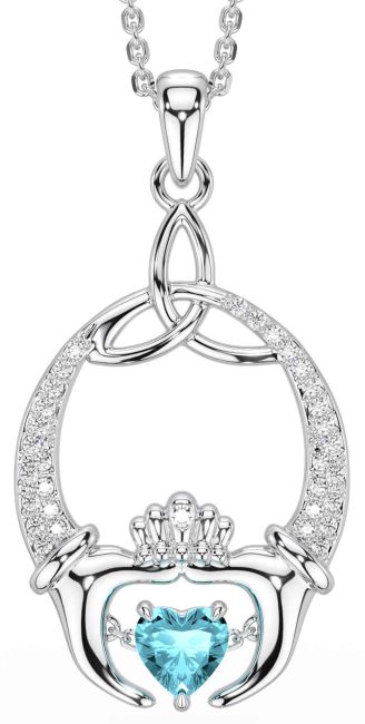 Diamond Aquamarine White Gold Claddagh Trinity Knot Necklace