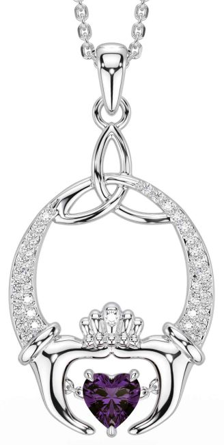 Diamond Alexandrite White Gold Claddagh Trinity Knot Necklace