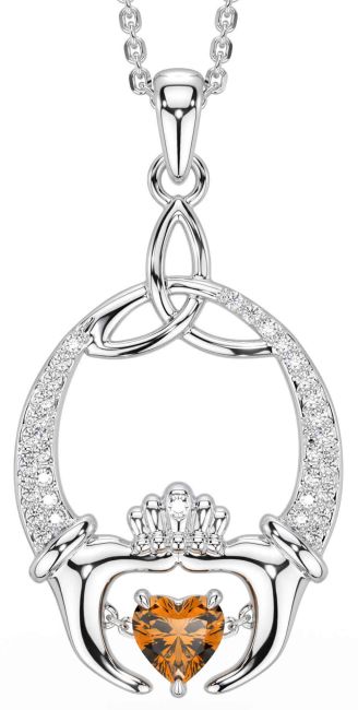 Diamond Citrine White Gold Claddagh Trinity Knot Necklace