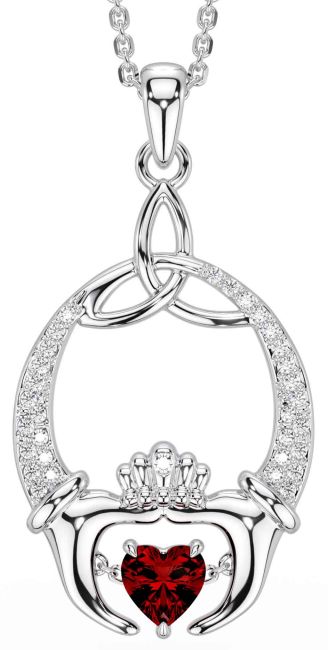 Diamond Garnet White Gold Claddagh Trinity Knot Necklace