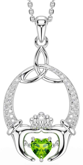 Diamond Peridot White Gold Claddagh Trinity Knot Necklace