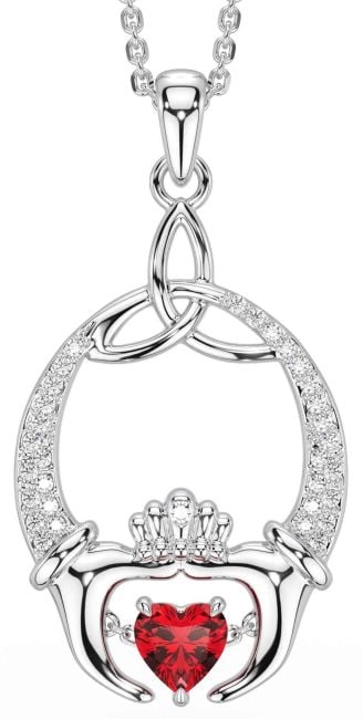 Diamond Ruby White Gold Claddagh Trinity Knot Necklace
