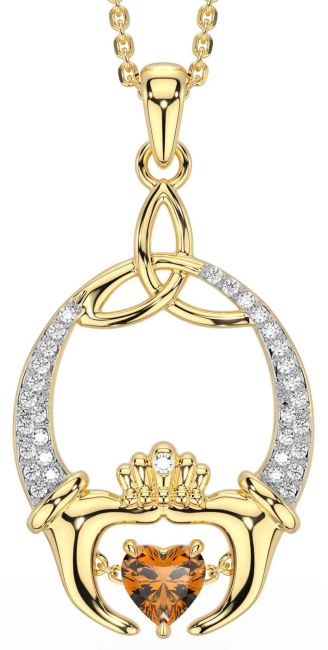 Diamond Citrine Gold Claddagh Trinity Knot Necklace