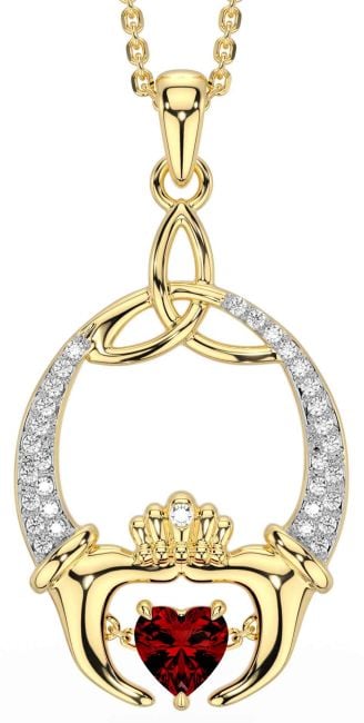 Diamond Garnet Gold Claddagh Trinity Knot Necklace