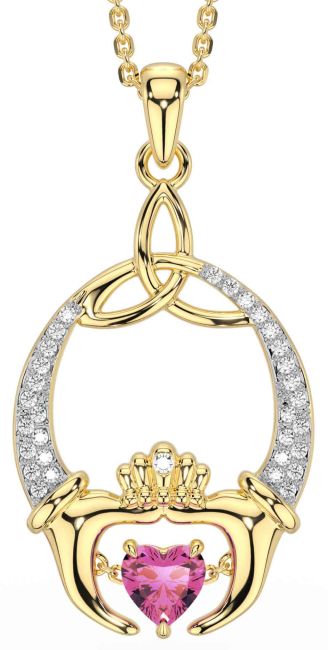 Diamond Pink Tourmaline Gold Claddagh Trinity Knot Necklace