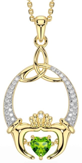 Diamond Peridot Gold Claddagh Trinity Knot Necklace