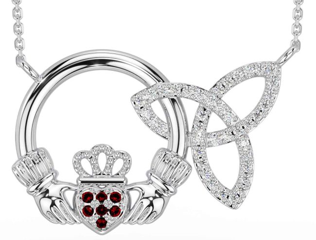 Diamond Garnet Silver Claddagh Trinity Knot Necklace