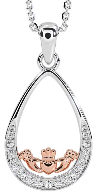 Diamond Rose Gold Silver Claddagh Necklace