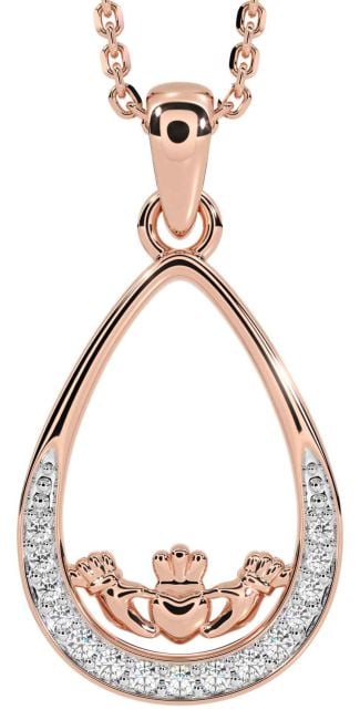 Diamond Rose Gold Silver Claddagh Necklace