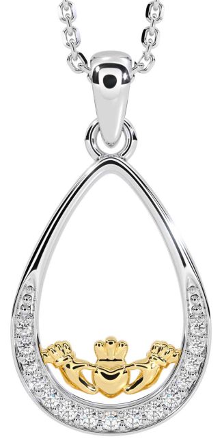 Diamond White Yellow Gold Claddagh Necklace