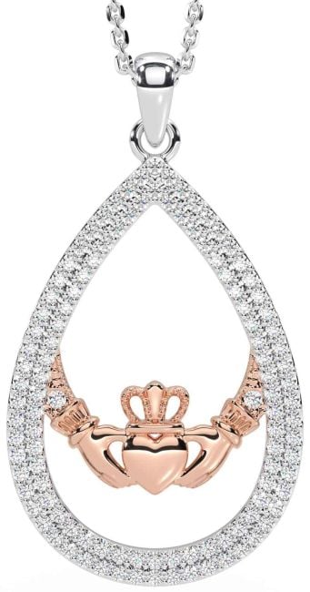 Diamond Rose Gold Silver Claddagh Necklace