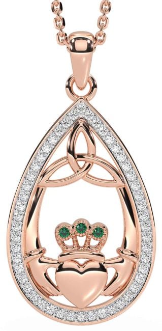 Diamond Emerald Rose Gold Silver Claddagh Trinity Knot Necklace