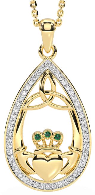 Diamond Emerald Gold Silver Claddagh Trinity Knot Necklace