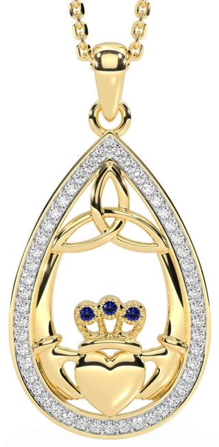 Diamond Sapphire Gold Silver Claddagh Trinity Knot Necklace