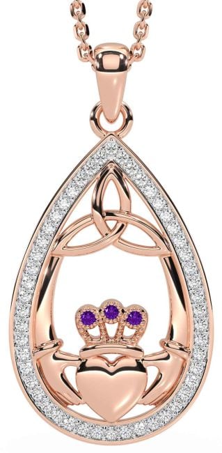 Diamond Amethyst Rose Gold Claddagh Trinity Knot Necklace