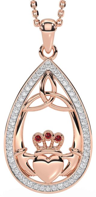 Diamond Ruby Rose Gold Claddagh Trinity Knot Necklace