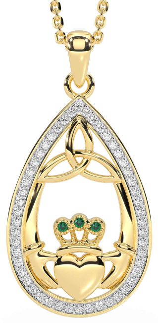 Diamond Emerald Gold Claddagh Trinity Knot Necklace