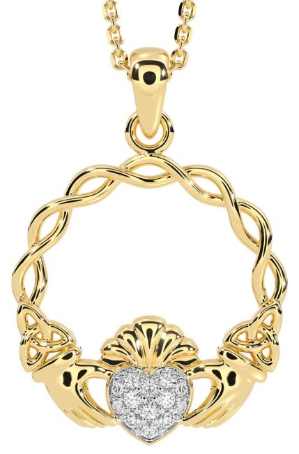 Diamond Gold Celtic Claddagh Trinity Knot Necklace