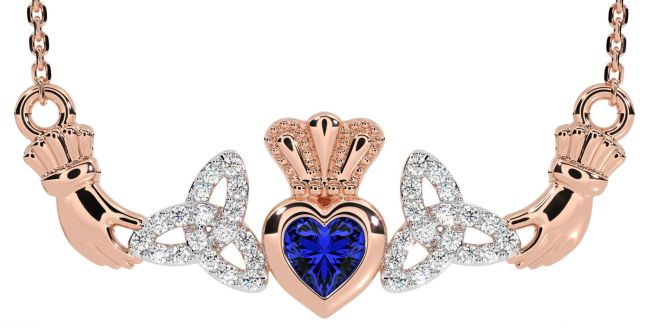 Diamond Sapphire Rose Gold Silver Claddagh Trinity Knot Necklace