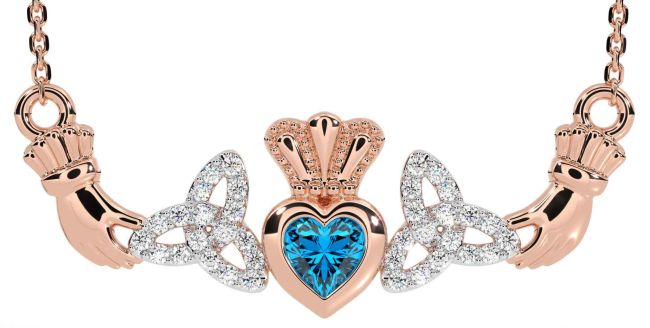 Diamond Topaz Rose Gold Silver Claddagh Trinity Knot Necklace