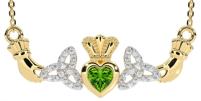 Diamond Peridot Gold Silver Claddagh Trinity Knot Necklace