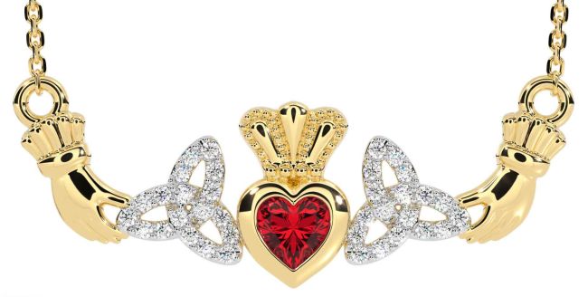 Diamond Ruby Gold Silver Claddagh Trinity Knot Necklace