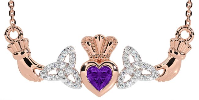 Diamond Amethyst Rose Gold Claddagh Trinity Knot Necklace