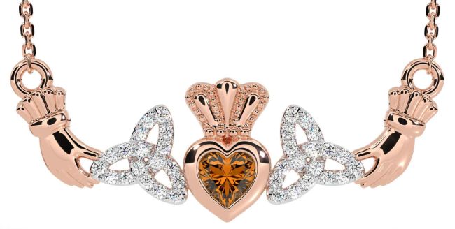 Diamond Citrine Rose Gold Claddagh Trinity Knot Necklace
