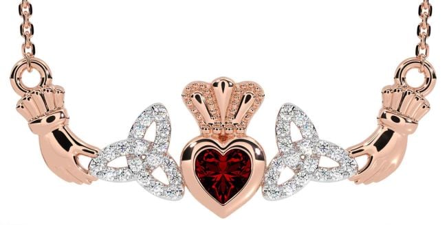 Diamond Garnet Rose Gold Claddagh Trinity Knot Necklace