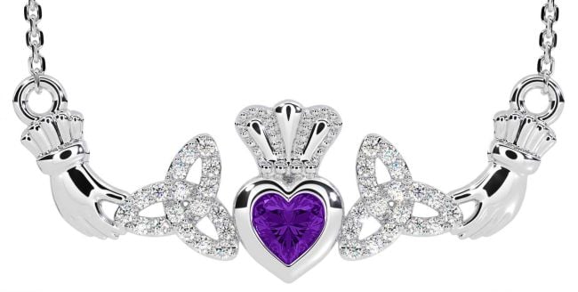 Diamond Amethyst Silver Claddagh Trinity Knot Necklace