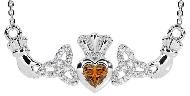 Diamond Citrine Silver Claddagh Trinity Knot Necklace